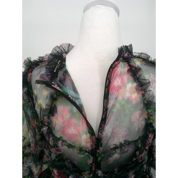Beulah Womens Large Sheer Black Floral Ruffle Tull Mesh Romantic Mini Dress - Picture 9 of 14